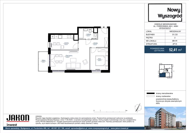 2 pokoje, mieszkanie 52,41 m², piętro 2, oferta nr D1.11, Nowy Wyszogród, Bydgoszcz, Stary Fordon, ul. Fordońska 408