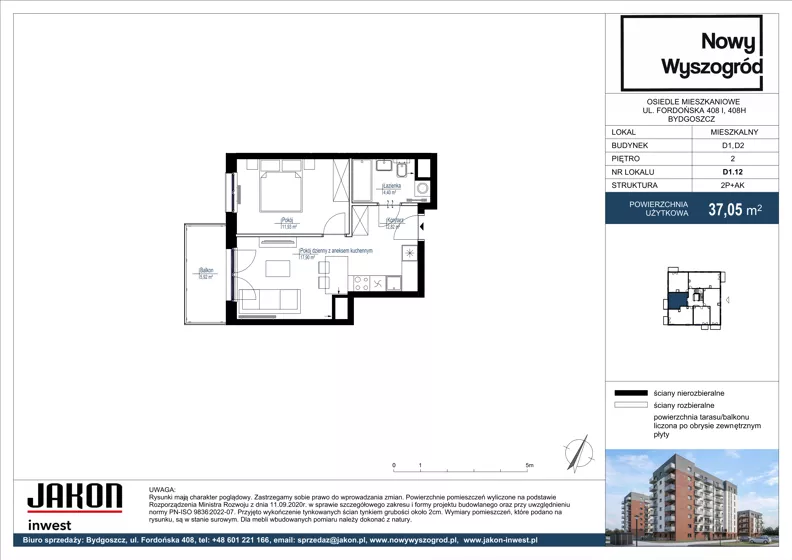 2 pokoje, mieszkanie 37,05 m², piętro 2, oferta nr D1.12, Nowy Wyszogród, Bydgoszcz, Stary Fordon, ul. Fordońska 408