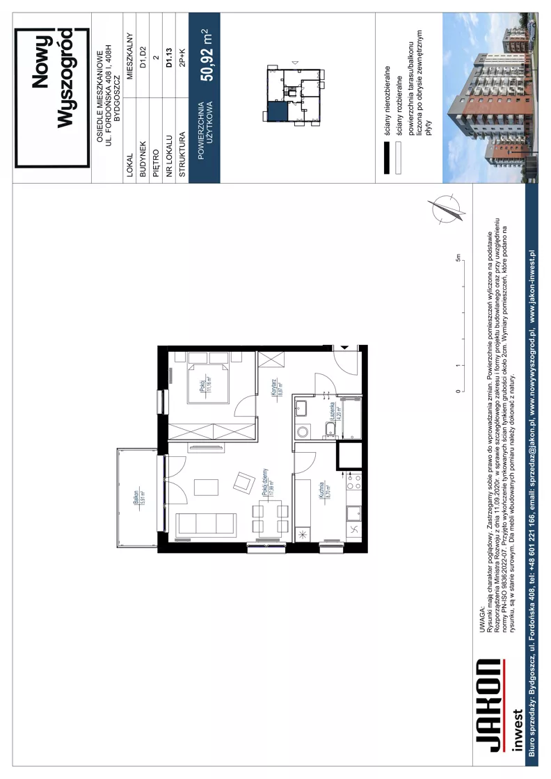 2 pokoje, mieszkanie 50,92 m², piętro 2, oferta nr D1.13, Nowy Wyszogród, Bydgoszcz, Stary Fordon, ul. Fordońska 408