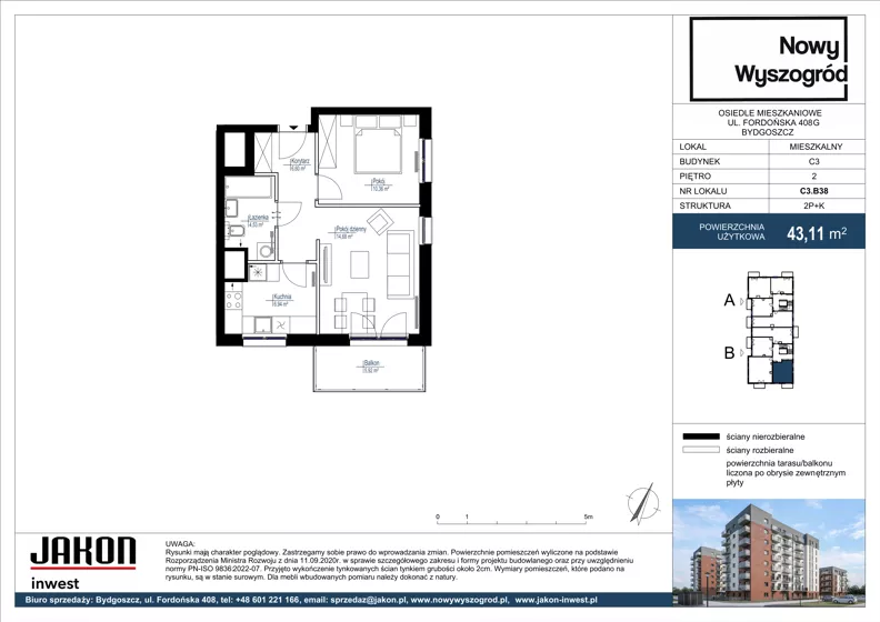 2 pokoje, mieszkanie 43,11 m², piętro 2, oferta nr C3.B38, Nowy Wyszogród, Bydgoszcz, Stary Fordon, ul. Fordońska 408
