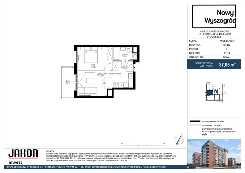 2 pokoje, mieszkanie 37,05 m², piętro 3, oferta nr D1.18, Nowy Wyszogród, Bydgoszcz, Stary Fordon, ul. Fordońska 408