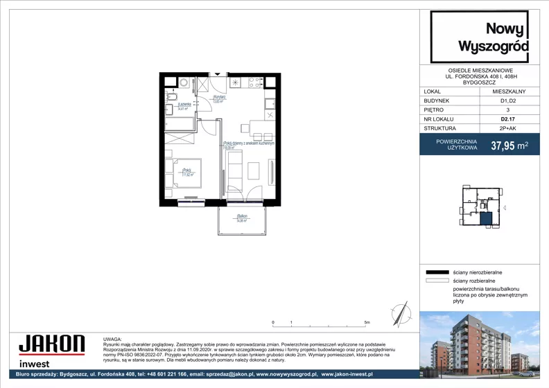 2 pokoje, mieszkanie 37,95 m², piętro 3, oferta nr D2.17, Nowy Wyszogród, Bydgoszcz, Stary Fordon, ul. Fordońska 408