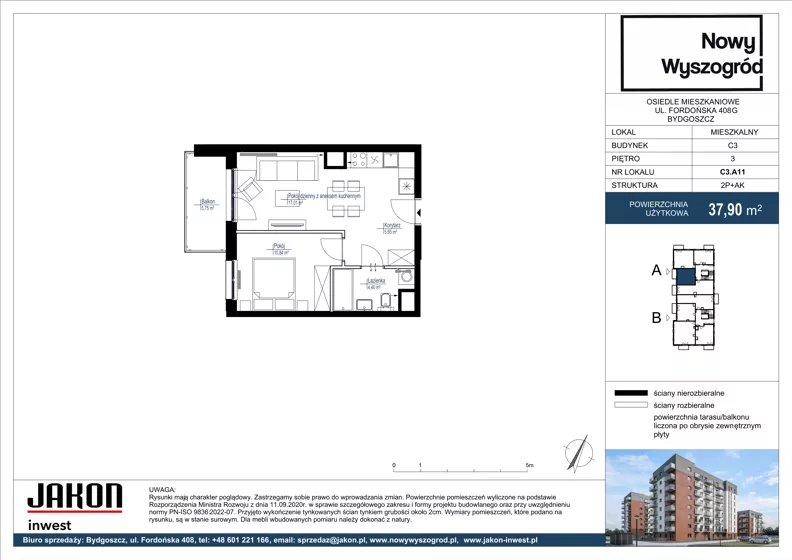 2 pokoje, mieszkanie 37,90 m², piętro 3, oferta nr C3.A11, Nowy Wyszogród, Bydgoszcz, Stary Fordon, ul. Fordońska 408