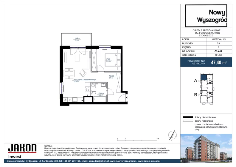 2 pokoje, mieszkanie 47,40 m², piętro 3, oferta nr C3.A12, Nowy Wyszogród, Bydgoszcz, Stary Fordon, ul. Fordońska 408