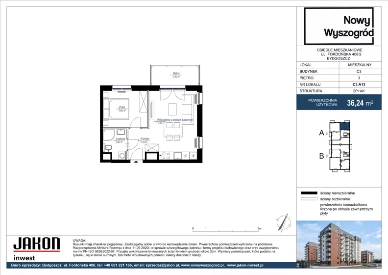2 pokoje, mieszkanie 36,24 m², piętro 3, oferta nr C3.A13, Nowy Wyszogród, Bydgoszcz, Stary Fordon, ul. Fordońska 408