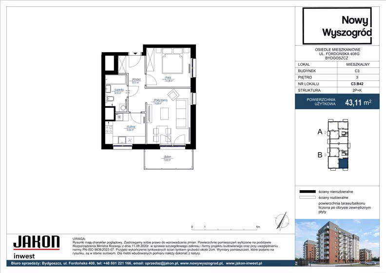 2 pokoje, mieszkanie 43,11 m², piętro 3, oferta nr C3.B42, Nowy Wyszogród, Bydgoszcz, Stary Fordon, ul. Fordońska 408