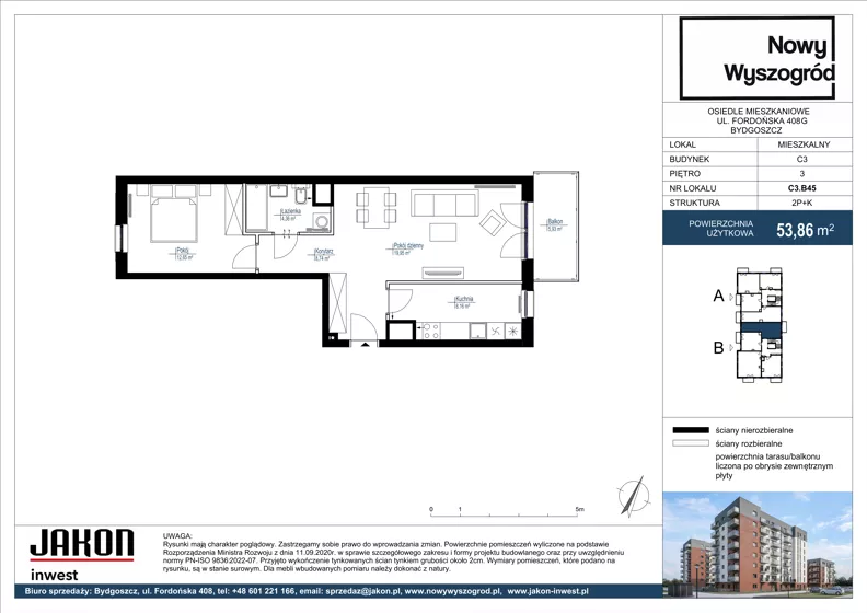 2 pokoje, mieszkanie 53,86 m², piętro 3, oferta nr C3.B45, Nowy Wyszogród, Bydgoszcz, Stary Fordon, ul. Fordońska 408