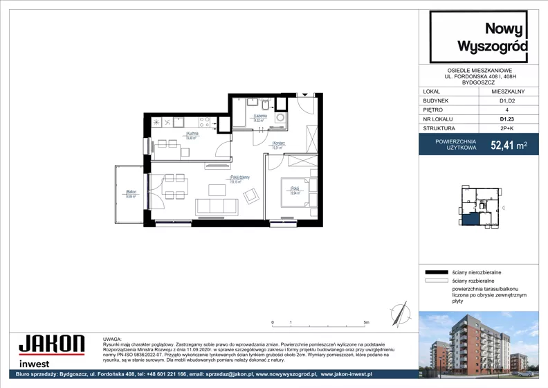 2 pokoje, mieszkanie 52,41 m², piętro 4, oferta nr D1.23, Nowy Wyszogród, Bydgoszcz, Stary Fordon, ul. Fordońska 408