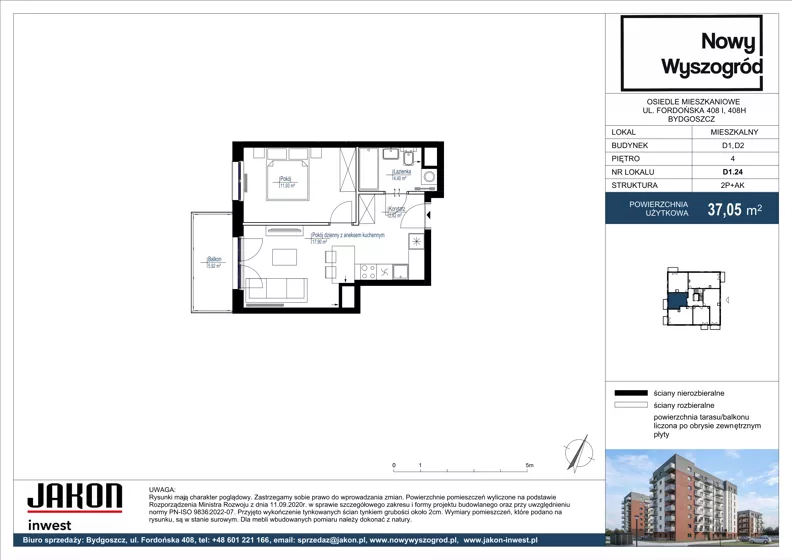 2 pokoje, mieszkanie 37,05 m², piętro 4, oferta nr D1.24, Nowy Wyszogród, Bydgoszcz, Stary Fordon, ul. Fordońska 408
