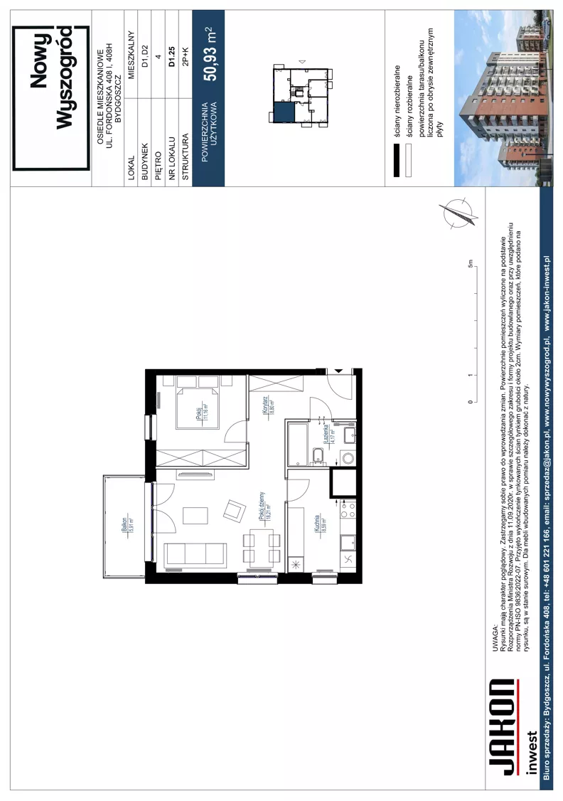 2 pokoje, mieszkanie 50,93 m², piętro 4, oferta nr D1.25, Nowy Wyszogród, Bydgoszcz, Stary Fordon, ul. Fordońska 408