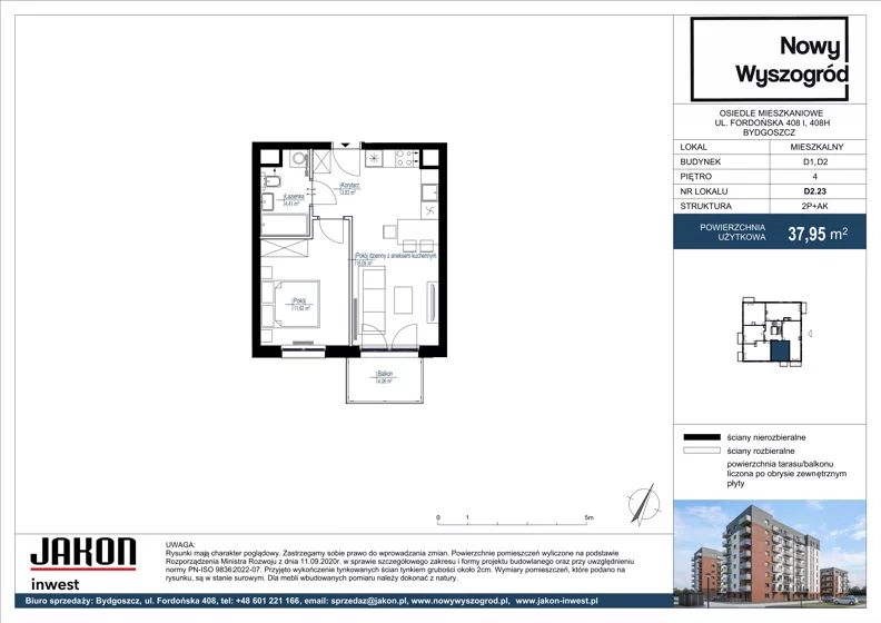 2 pokoje, mieszkanie 37,95 m², piętro 4, oferta nr D2.23, Nowy Wyszogród, Bydgoszcz, Stary Fordon, ul. Fordońska 408
