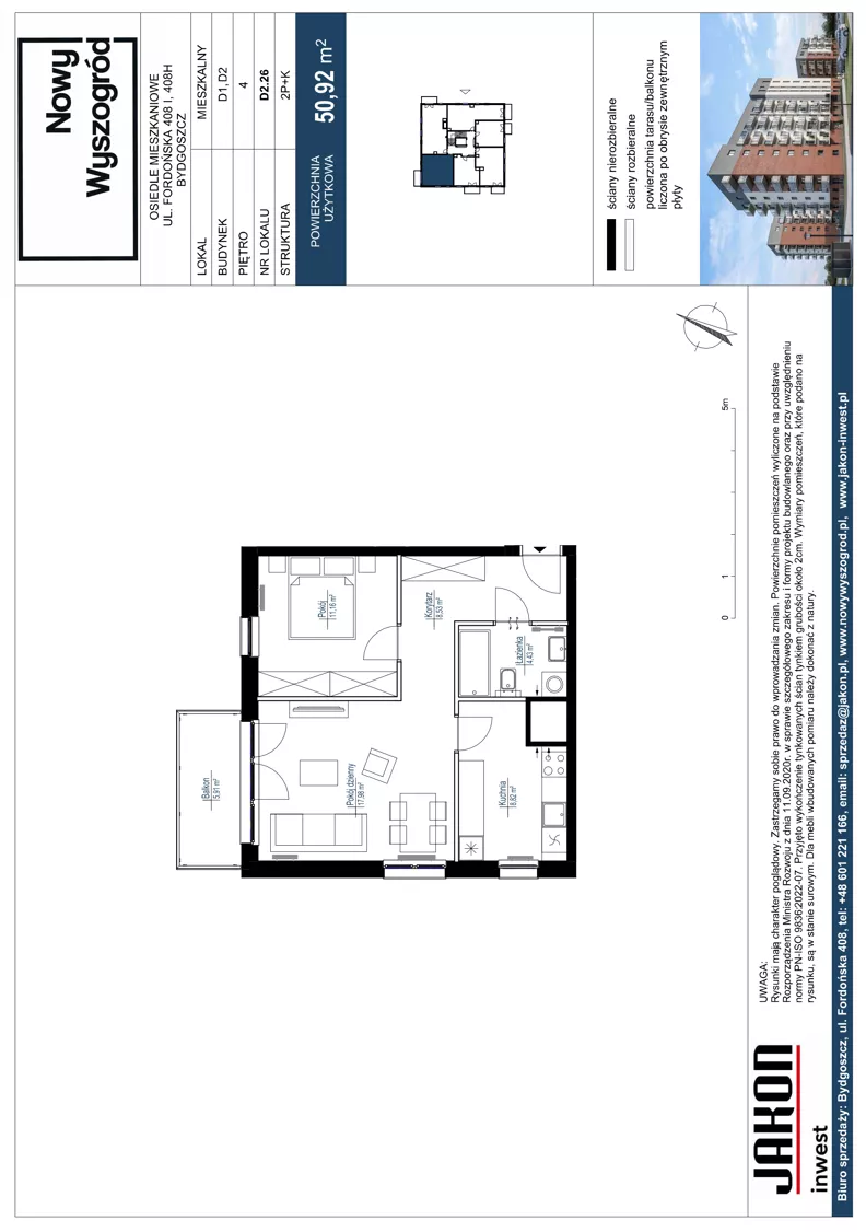 2 pokoje, mieszkanie 50,92 m², piętro 4, oferta nr D2.26, Nowy Wyszogród, Bydgoszcz, Stary Fordon, ul. Fordońska 408