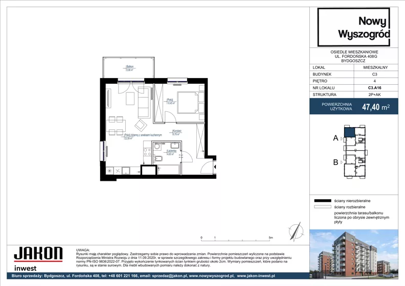 2 pokoje, mieszkanie 47,40 m², piętro 4, oferta nr C3.A16, Nowy Wyszogród, Bydgoszcz, Stary Fordon, ul. Fordońska 408