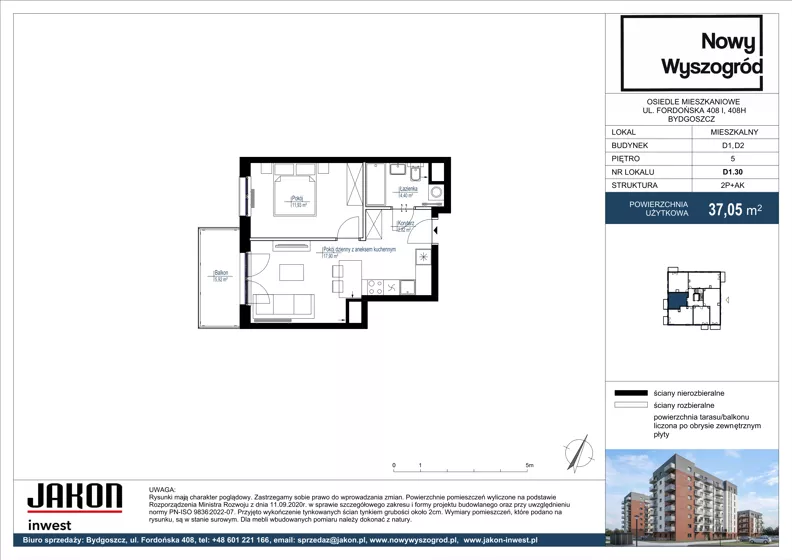 2 pokoje, mieszkanie 37,05 m², piętro 5, oferta nr D1.30, Nowy Wyszogród, Bydgoszcz, Stary Fordon, ul. Fordońska 408