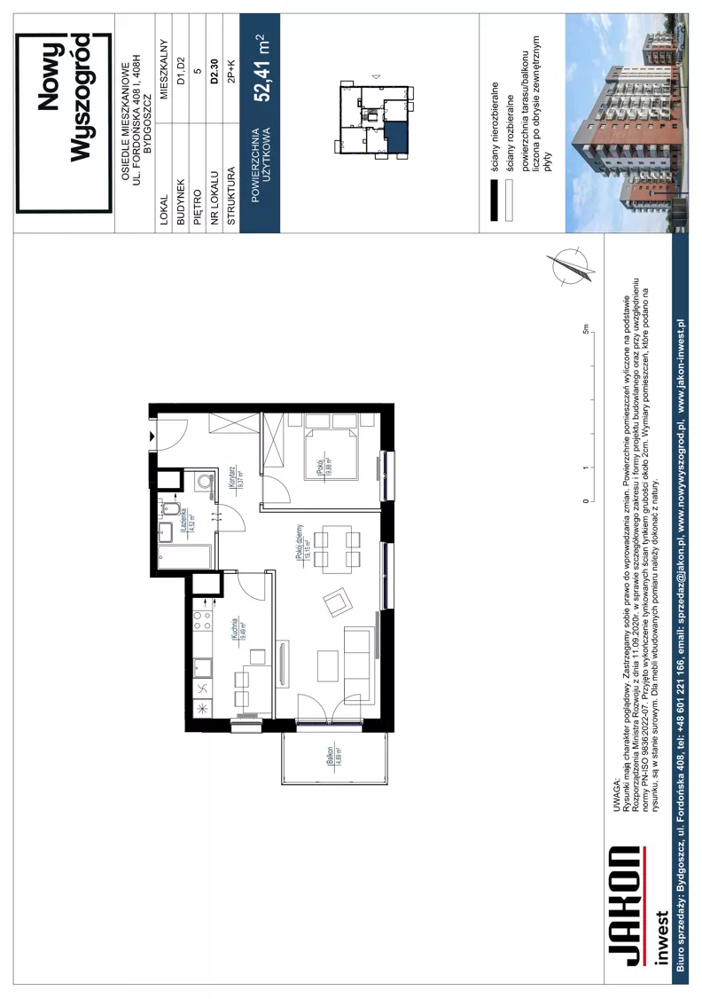 2 pokoje, mieszkanie 52,41 m², piętro 5, oferta nr D2.30, Nowy Wyszogród, Bydgoszcz, Stary Fordon, ul. Fordońska 408