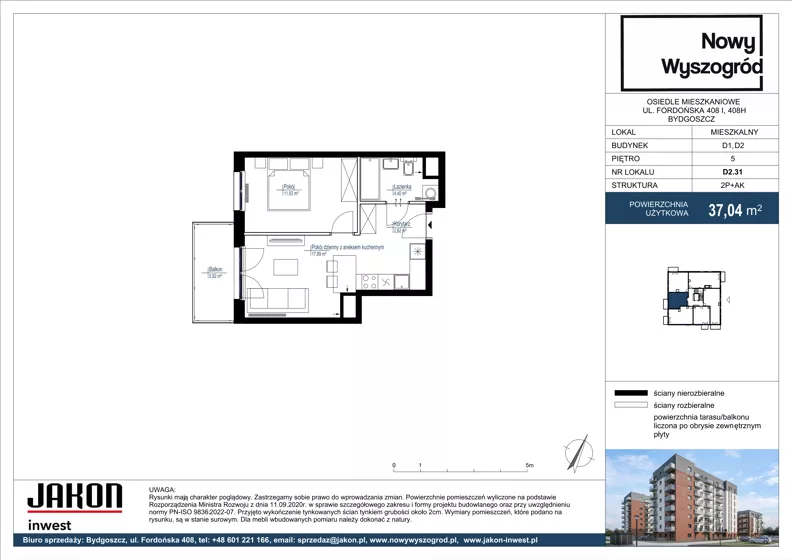 2 pokoje, mieszkanie 37,04 m², piętro 5, oferta nr D2.31, Nowy Wyszogród, Bydgoszcz, Stary Fordon, ul. Fordońska 408