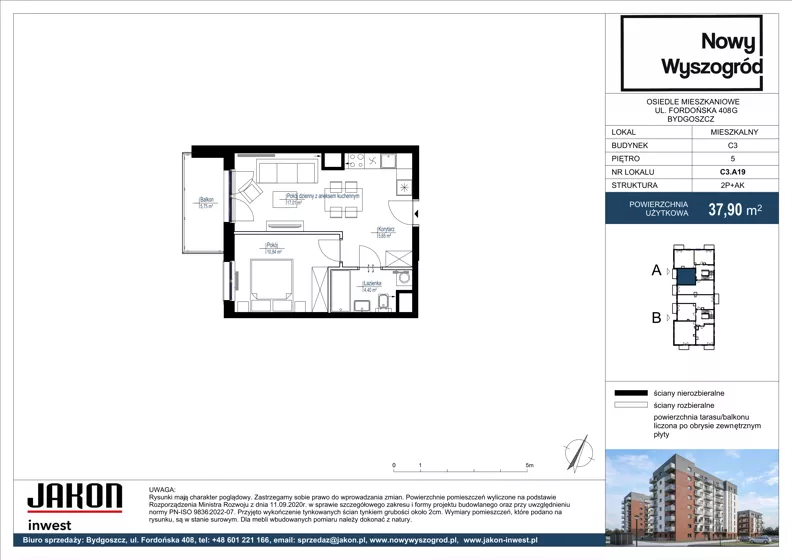 2 pokoje, mieszkanie 37,90 m², piętro 5, oferta nr C3.A19, Nowy Wyszogród, Bydgoszcz, Stary Fordon, ul. Fordońska 408
