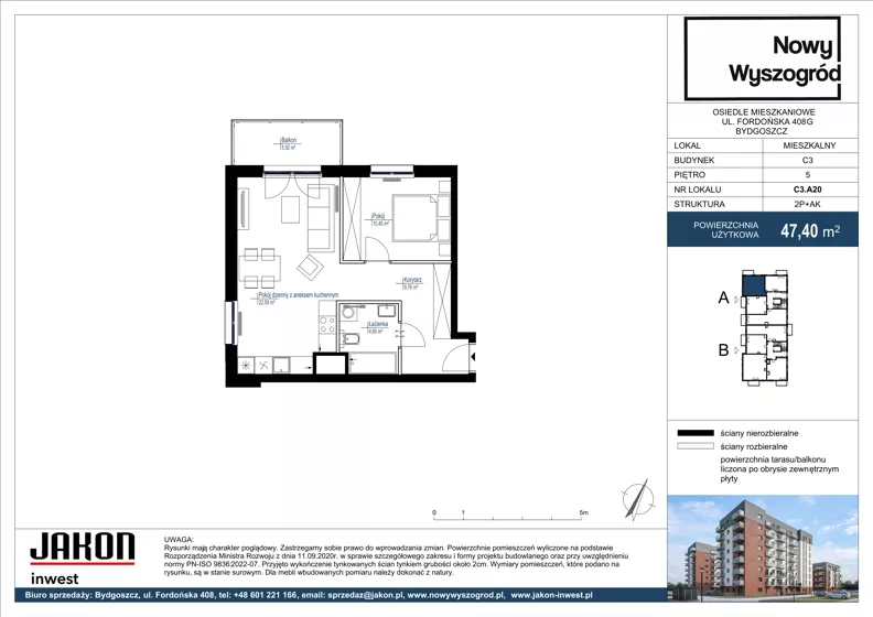 2 pokoje, mieszkanie 47,40 m², piętro 5, oferta nr C3.A20, Nowy Wyszogród, Bydgoszcz, Stary Fordon, ul. Fordońska 408