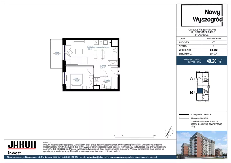 2 pokoje, mieszkanie 40,20 m², piętro 5, oferta nr C3.B52, Nowy Wyszogród, Bydgoszcz, Stary Fordon, ul. Fordońska 408