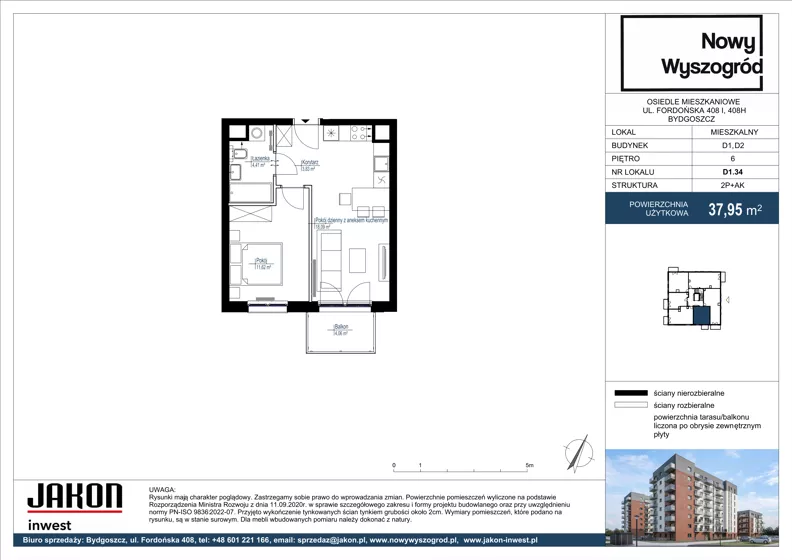 2 pokoje, mieszkanie 37,95 m², piętro 6, oferta nr D1.34, Nowy Wyszogród, Bydgoszcz, Stary Fordon, ul. Fordońska 408