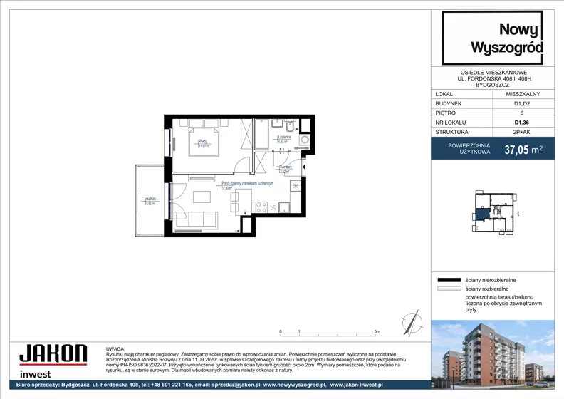 2 pokoje, mieszkanie 37,05 m², piętro 6, oferta nr D1.36, Nowy Wyszogród, Bydgoszcz, Stary Fordon, ul. Fordońska 408