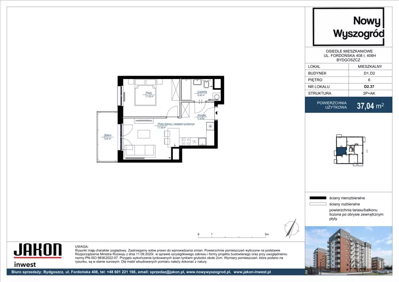 2 pokoje, mieszkanie 37,04 m², piętro 6, oferta nr D2.37, Nowy Wyszogród, Bydgoszcz, Stary Fordon, ul. Fordońska 408