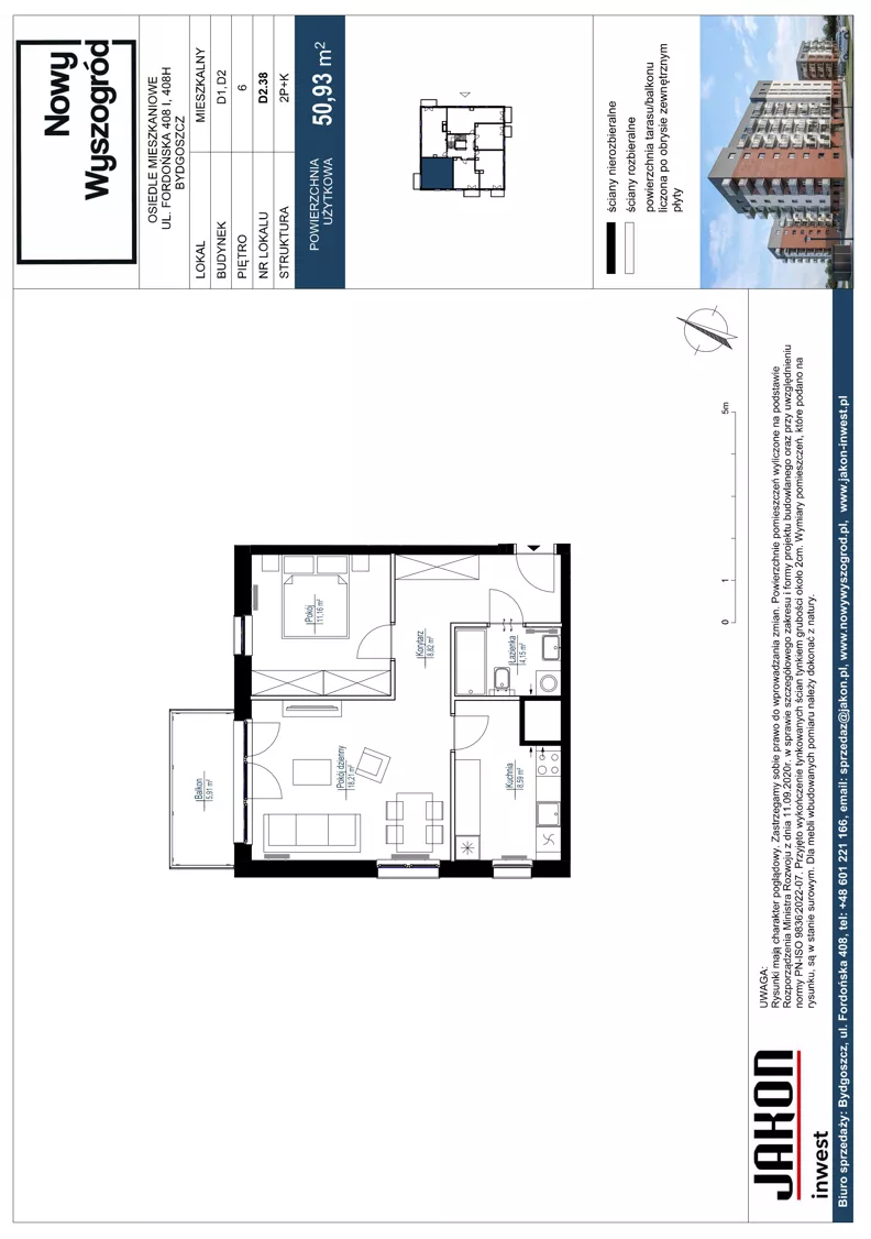 2 pokoje, mieszkanie 50,93 m², piętro 6, oferta nr D2.38, Nowy Wyszogród, Bydgoszcz, Stary Fordon, ul. Fordońska 408