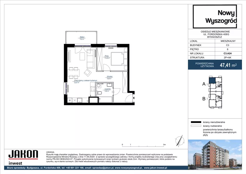 2 pokoje, mieszkanie 47,41 m², piętro 6, oferta nr C3.A24, Nowy Wyszogród, Bydgoszcz, Stary Fordon, ul. Fordońska 408