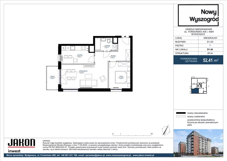 2 pokoje, mieszkanie 52,41 m², piętro 7, oferta nr D1.40, Nowy Wyszogród, Bydgoszcz, Stary Fordon, ul. Fordońska 408