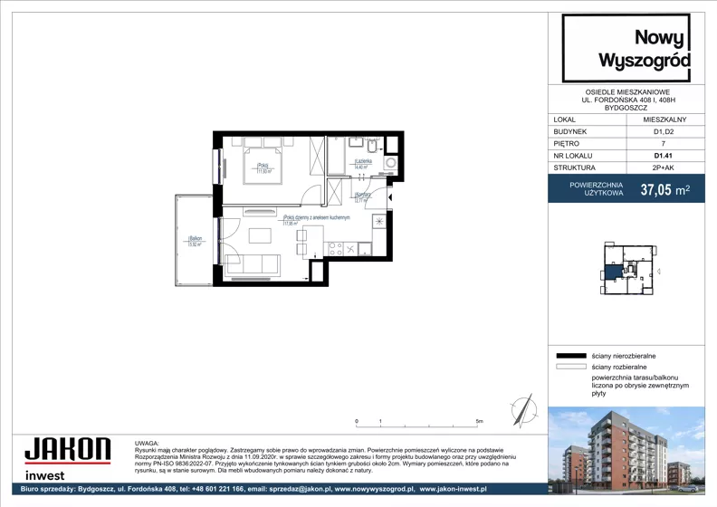 2 pokoje, mieszkanie 37,05 m², piętro 7, oferta nr D1.41, Nowy Wyszogród, Bydgoszcz, Stary Fordon, ul. Fordońska 408