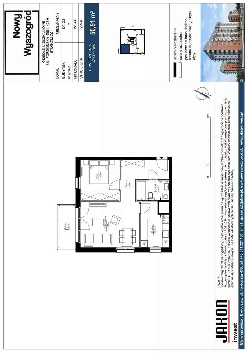2 pokoje, mieszkanie 50,91 m², piętro 7, oferta nr D1.42, Nowy Wyszogród, Bydgoszcz, Stary Fordon, ul. Fordońska 408