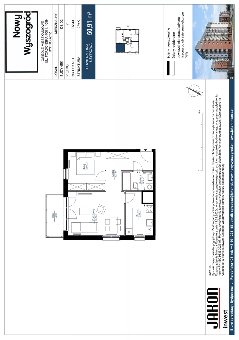 2 pokoje, mieszkanie 50,91 m², piętro 7, oferta nr D2.43, Nowy Wyszogród, Bydgoszcz, Stary Fordon, ul. Fordońska 408