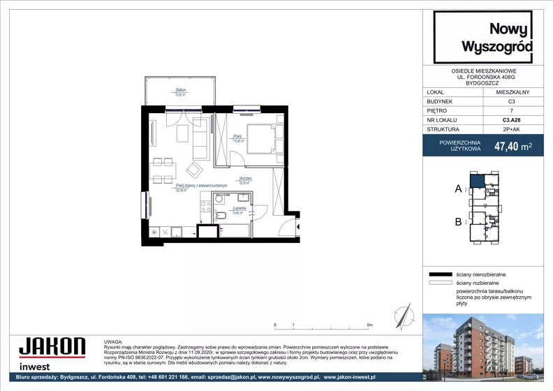 2 pokoje, mieszkanie 47,40 m², piętro 7, oferta nr C3.A28, Nowy Wyszogród, Bydgoszcz, Stary Fordon, ul. Fordońska 408