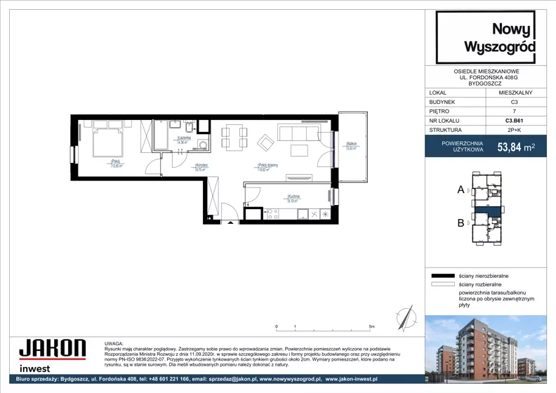 2 pokoje, mieszkanie 53,84 m², piętro 7, oferta nr C3.B61, Nowy Wyszogród, Bydgoszcz, Stary Fordon, ul. Fordońska 408