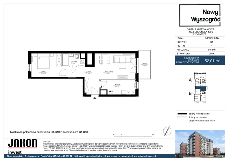 2 pokoje, mieszkanie 52,01 m², piętro 4, oferta nr C1.B49, Nowy Wyszogród, Bydgoszcz, Stary Fordon, ul. Fordońska 408