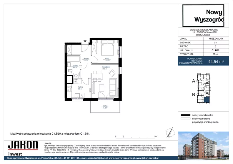 2 pokoje, mieszkanie 44,54 m², piętro 5, oferta nr C1.B50, Nowy Wyszogród, Bydgoszcz, Stary Fordon, ul. Fordońska 408