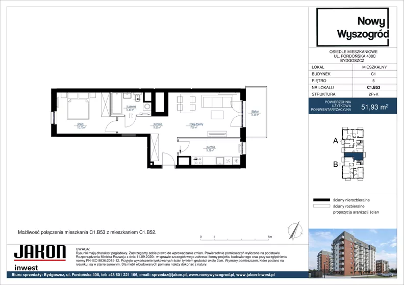2 pokoje, mieszkanie 51,93 m², piętro 5, oferta nr C1.B53, Nowy Wyszogród, Bydgoszcz, Stary Fordon, ul. Fordońska 408