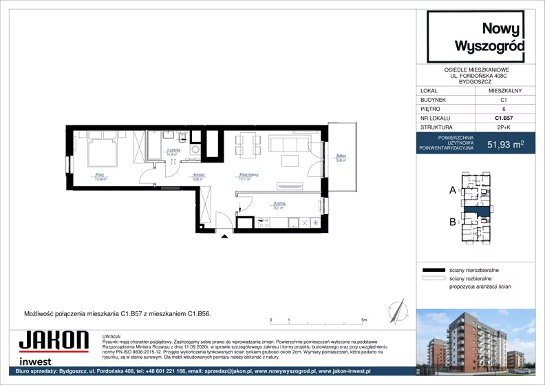 2 pokoje, mieszkanie 51,93 m², piętro 6, oferta nr C1.B57, Nowy Wyszogród, Bydgoszcz, Stary Fordon, ul. Fordońska 408
