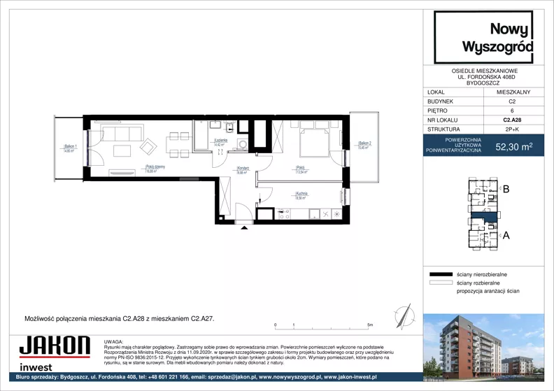 2 pokoje, mieszkanie 52,30 m², piętro 6, oferta nr C2.A28, Nowy Wyszogród, Bydgoszcz, Stary Fordon, ul. Fordońska 408