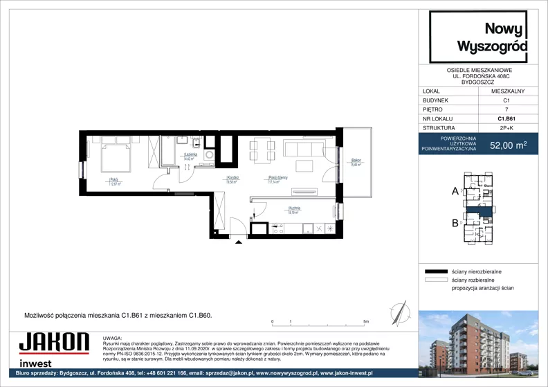 2 pokoje, mieszkanie 52,00 m², piętro 7, oferta nr C1.B61, Nowy Wyszogród, Bydgoszcz, Stary Fordon, ul. Fordońska 408
