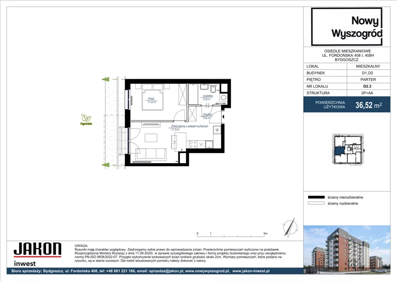 2 pokoje, mieszkanie 36,52 m², parter, oferta nr D2.3, Nowy Wyszogród, Bydgoszcz, Stary Fordon, ul. Fordońska 408