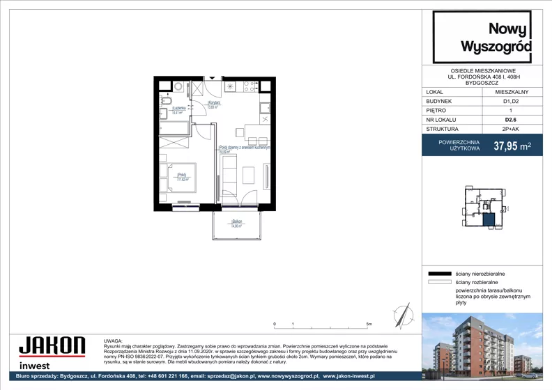 2 pokoje, mieszkanie 37,95 m², piętro 1, oferta nr D2.6, Nowy Wyszogród, Bydgoszcz, Stary Fordon, ul. Fordońska 408