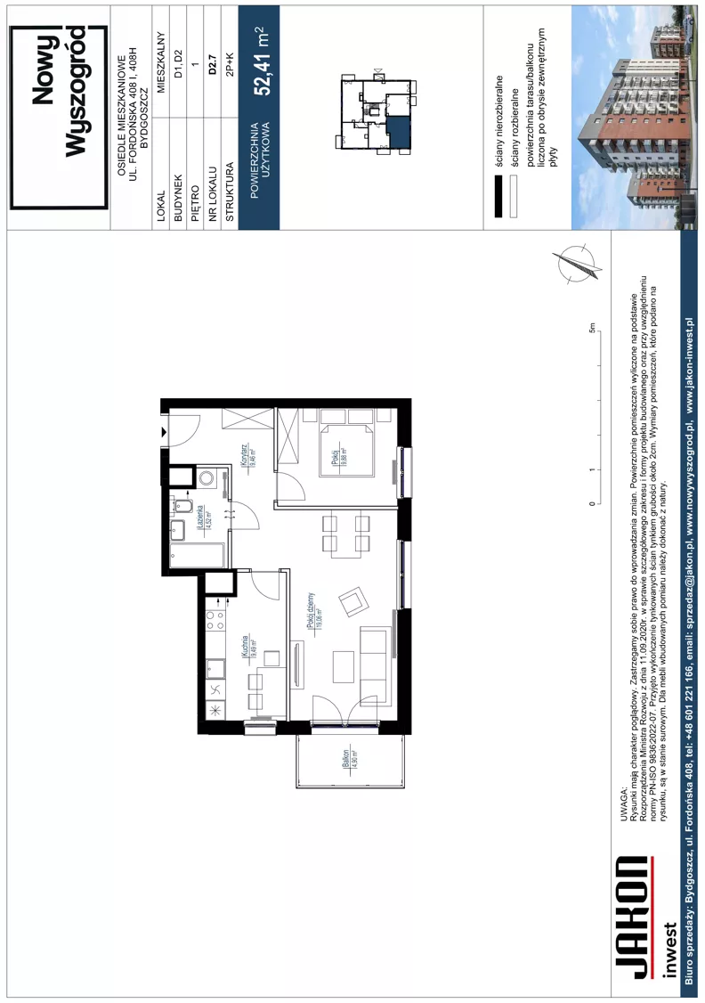 2 pokoje, mieszkanie 52,41 m², piętro 1, oferta nr D2.7, Nowy Wyszogród, Bydgoszcz, Stary Fordon, ul. Fordońska 408