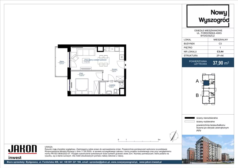 2 pokoje, mieszkanie 37,90 m², piętro 1, oferta nr C3.A4, Nowy Wyszogród, Bydgoszcz, Stary Fordon, ul. Fordońska 408