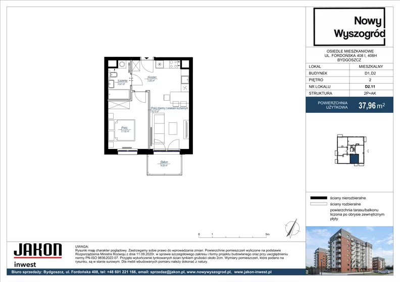 2 pokoje, mieszkanie 37,96 m², piętro 2, oferta nr D2.11, Nowy Wyszogród, Bydgoszcz, Stary Fordon, ul. Fordońska 408