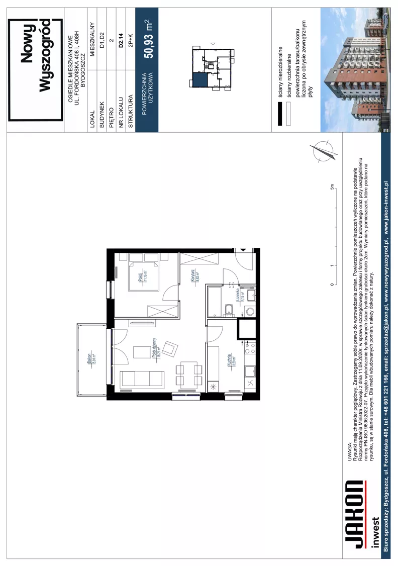 2 pokoje, mieszkanie 50,93 m², piętro 2, oferta nr D2.14, Nowy Wyszogród, Bydgoszcz, Stary Fordon, ul. Fordońska 408