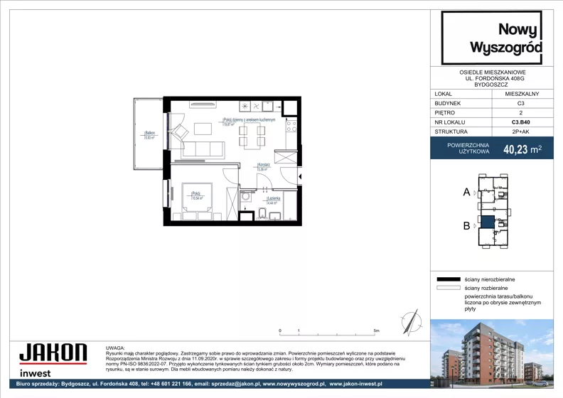 2 pokoje, mieszkanie 40,23 m², piętro 2, oferta nr C3.B40, Nowy Wyszogród, Bydgoszcz, Stary Fordon, ul. Fordońska 408