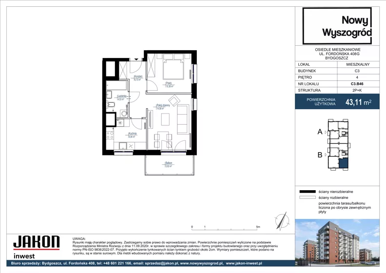 2 pokoje, mieszkanie 43,11 m², piętro 4, oferta nr C3.B46, Nowy Wyszogród, Bydgoszcz, Stary Fordon, ul. Fordońska 408