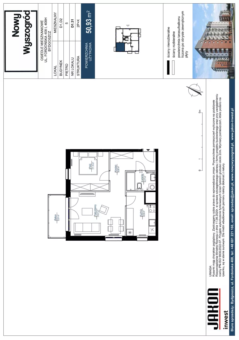 2 pokoje, mieszkanie 50,93 m², piętro 5, oferta nr D1.31, Nowy Wyszogród, Bydgoszcz, Stary Fordon, ul. Fordońska 408