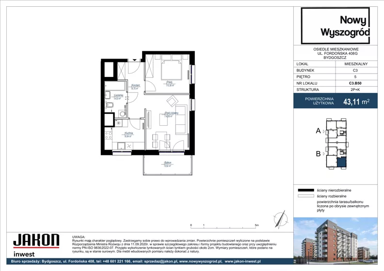 2 pokoje, mieszkanie 43,11 m², piętro 5, oferta nr C3.B50, Nowy Wyszogród, Bydgoszcz, Stary Fordon, ul. Fordońska 408